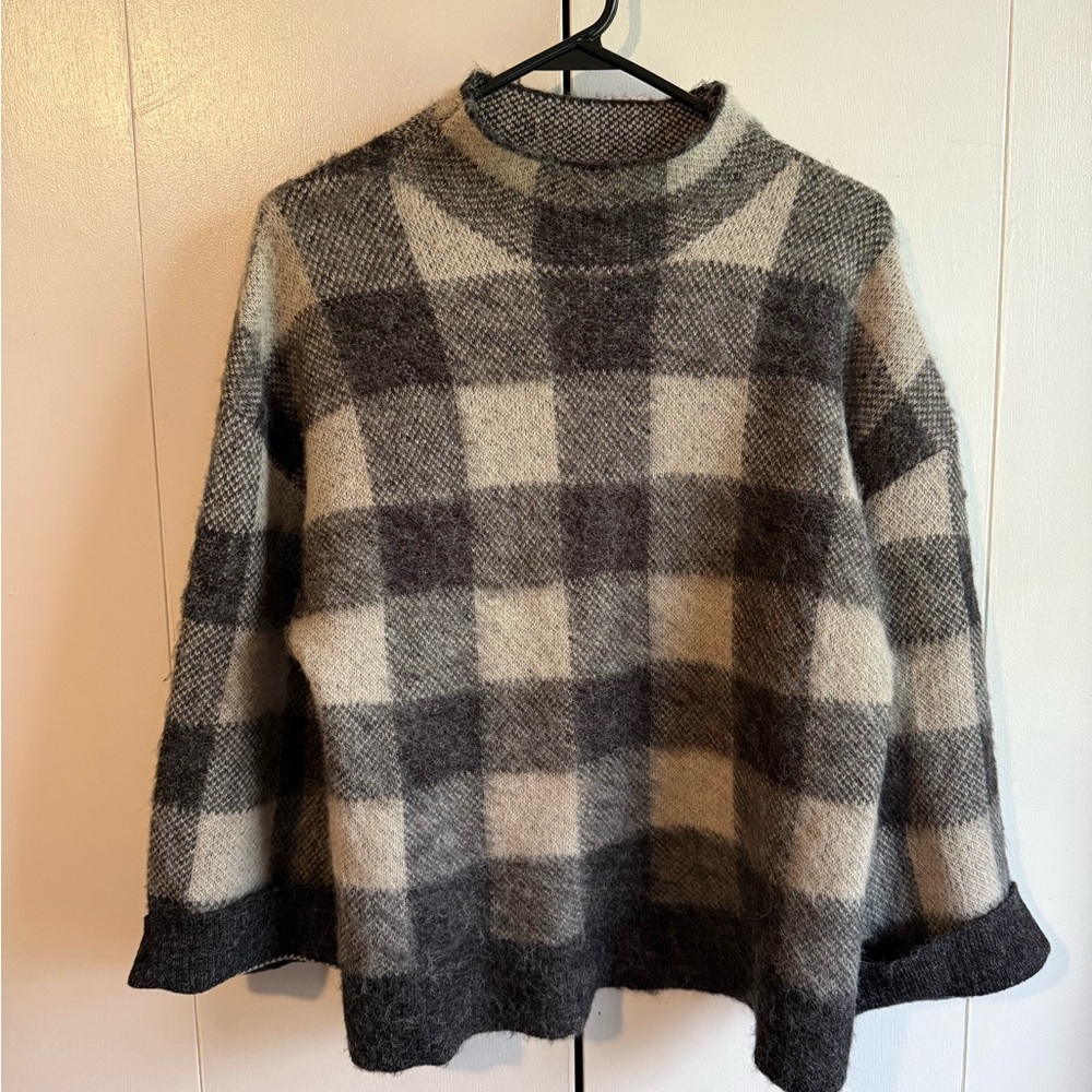 Mud Pie Black and Gray Cowl Neck Sweater with Plaid Design